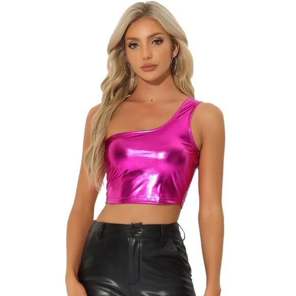 Metallic Crop Top One Shoulder Party Clubwear Holographic Tank Tops Hot Pink - Picture 1 of 7